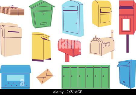 Isolierte Mailbox. Flache Briefkästen und Briefstapel. Postfach für Straße und Wohnungen. Cartoon Postbehälter, Umschläge, anständige Vektorsatz Stock Vektor