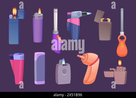 Feuerzeuge. Gerät für Raucher, die Flammen tragbare Gegenstände herstellen exakte Vektorfeuerzeuge Set Illustrationen im Cartoon-Stil Stock Vektor