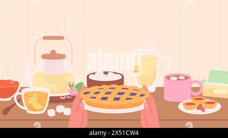 Teatime-Hintergrund. Küchentisch mit Teekanne, Marmelade und Zucker. Verschiedene Tassen mit Tee, Süßigkeiten und Hände halten Kuchen, Vektor gemütliche Heim-Szene Stock Vektor