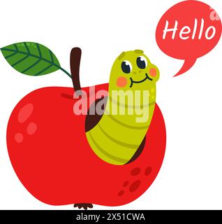 Wurm und Apfel. Der lustige Crawler sieht rote Früchte aus und sagt Hallo. Niedliches Naturdruck- oder Stickerdesign, Kindermaskottchen, klassischer Vektorcharakter Stock Vektor