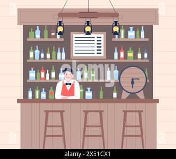 Der Barkeeper wartet hinter der Bar auf Gäste. Abend- oder Nachtbar mit alkoholischen Getränken. Zeit zum Trinken, Flaschen Bier und Wodka, Vektorszene Stock Vektor