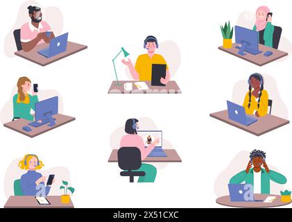 Callcenter-Zeichen. Hotline-Administratoren, die mit Remote-Clients arbeiten. Junge Menschen mit Kopfhörern, Smartphones und Computern, prächtiger Vektor Stock Vektor