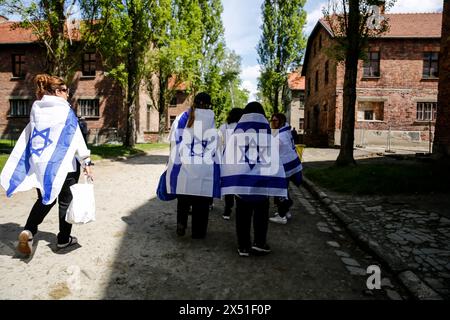 Besucher, die mit israelischen Fahnen bedeckt sind, besuchen Ausstellungen, während sie zum Marsch der Lebenden im Lager Auschwitz ankommen. Am 06. Mai 2024 nahmen 55 Holocaust-Überlebende in O?wi?cim, Polen, Teil. Holocaust-Überlebende und 7. Oktober-Überlebende nehmen am Marsch der Lebenden zusammen mit einer Delegation unter anderem aus den Vereinigten Staaten, Kanada, Italien, Vereinigtes Königreich. Am Holocaust-Gedenktag im jüdischen Kalender (Yom HaShoah) marschieren Tausende von Teilnehmern schweigend von Auschwitz nach Birkenau. Der marsch hat einen Aufklärungs- und Erinnerungszweck. Dieser März war hochpolitisch Stockfoto