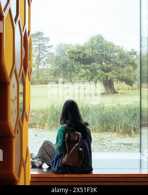 Ein Besucher blickt aus dem Fenster, allgemeine Landschaftsgestaltung und ein großer Baum sind zu sehen. Das Beezantium am Newt, Bruton, Vereinigtes Königreich. Architekt: In Stockfoto