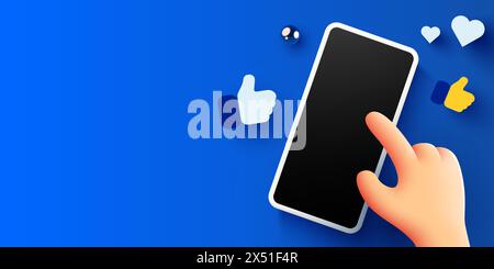Niedliche Cartoon-Hand berührt das Smartphone mit Symbolen für „gefällt mir“-Benachrichtigungen. Social Media und Marketingkonzept. Vektorabbildung Stock Vektor