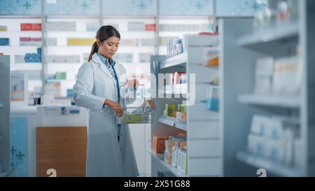 Apotheke Drugstore: Schöne asiatische Apotheker tut Inventar, arrangiert Medizin Pakete, Medikamente, Vitamine, Gesundheitsprodukte auf einem Regal. Professioneller Apotheker im Pharmageschäft Stockfoto