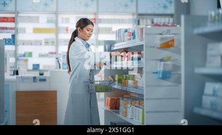 Apotheke Drugstore: Schöne asiatische Apotheker tut Inventar, arrangiert Medizin Pakete, Medikamente, Vitamine, Gesundheitsprodukte auf einem Regal. Professioneller Apotheker im Pharmageschäft Stockfoto