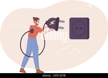 Recharge man-Konzept. Müder Arbeiter, der Energie-Stromstecker vor oder nach der Arbeit auflädt, glücklicher schwacher Mitarbeiter laden volle Lebensdauer Energie Energie Energie Energie Effizienz Geschäftsvektor Illustration Stock Vektor