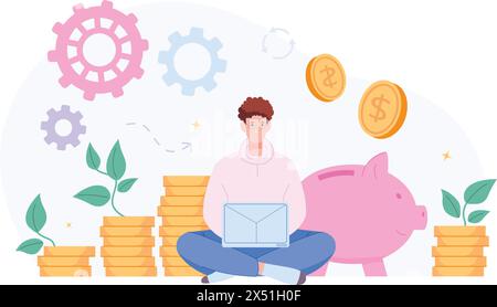 Freelancer sparen Einkünfte. Mann mit Laptop verdienen einfaches Geld online entspannen Arbeit, Bankaktien erhöhen Gewinn freischaffendes passives Einkommen Konzept Coins Stack Investor Vektor Illustration Stock Vektor