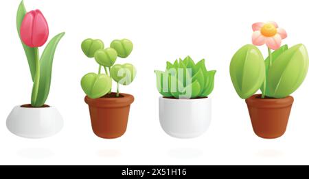 3D-Zimmerpflanzen. Gartenarbeit Haus Pflanze im Topf für Raum Innendekoration, Haus Blumen Vase realistische Rendering botanisches Baby Spielzeug grüne Blume Blume Blumentopf, genaue Vektor-Illustration Stock Vektor