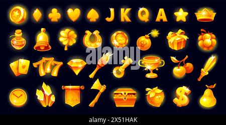 Goldene Steckplatzsymbole. Goldene Spielautomaten Spielkasino, magische glänzende Ikone Spielelement Poker Maschine Glückslotterie 777 Bar Chance Glocke Geld Symbole, neoterische Vektor Illustration der goldenen Casino Glücksspiel Ikone Stock Vektor