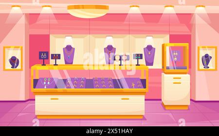 Innenausstattung eines Juweliergeschäfts. Juweliergeschäft Luxusausstellung Juwelenraum Boutique im Einkaufszentrum, Gold Accessoires Verkauf Glas Schaufenster Einzelhandel Shopping geniale Vektor Illustration von Schmuck Luxus Shop Stock Vektor