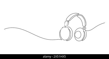 Handzeichnung eines einzeiligen Kopfhörerlautsprechers auf weißem Hintergrund. Durchgehende Linienzeichnung des Headsets. Vektorabbildung Stock Vektor