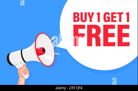 Beim Kauf Einer Person Erhalten Sie Eine Gratis Dazu. 1 Kaufen Und Gratis Erhalten. Halten Sie den Megaphonlautsprecher für die Ankündigung mit der Hand. Achtung, bitte. Schreiende Leute, Werbesprache Symbol Stock Vektor
