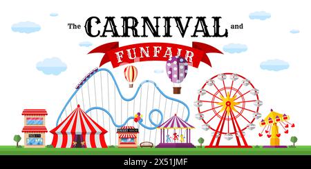 Karnevalsfunfair horizontales Banner. Vergnügungspark mit Zirkus, Karussells, Achterbahn, Attraktionen vor weißer Kulisse. Vorlage für festliches Design. Poster zum Festival auf lustigen Messen. Vektorabbildung Stock Vektor