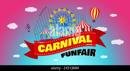 Karneval Funfair horizontale Banner Design Vorlage. Vergnügungspark mit Zirkus, Karussells, Achterbahn, Attraktionen auf festlichem Band mit Inschrift. Poster zum Festival auf lustigen Messen. Vektorabbildung Stock Vektor