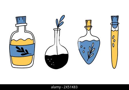Set handgezeichneter Doodles mit Pharmakolben, Bechergläsern und Reagenzgläsern auf weißem Hintergrund. Skizzen chemischer Laborobjekte mit Magie Stock Vektor