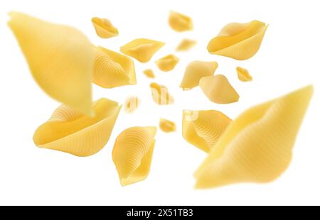 Italienische Pasta, die isoliert auf weißem Hintergrund schweben. Beschneidungspfad, volle Schärfentiefe. Stockfoto