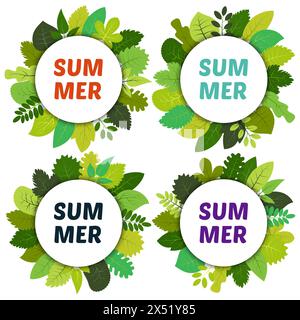 Set mit vier Etiketten mit grünen Sommerblättern unter weißen Runden und Aufschrift Summer. Vektorkarte mit grünen Blättern auf weißem Hintergrund Stock Vektor