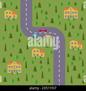 Plan des Dorfes. Landschaft mit Straße, Wald, Autos und Häusern. Vektorabbildung Stock Vektor