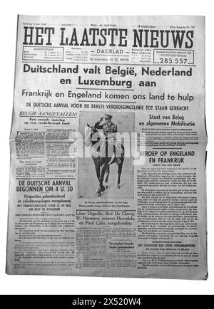 11. Mai 1940 die flämische Zeitung Het Laatste Nieuws kündigt an, dass Deutschland in Belgien, die Niederlande und Luxemburg einmarschiert und den Zweiten Weltkrieg in Europa auslöst Stockfoto