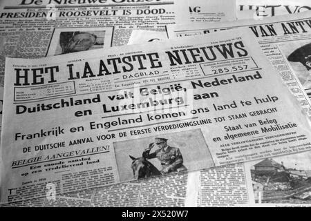 11. Mai 1940 die flämische Zeitung Het Laatste Nieuws kündigt an, dass Deutschland in Belgien, die Niederlande und Luxemburg einmarschiert und den Zweiten Weltkrieg in Europa auslöst Stockfoto