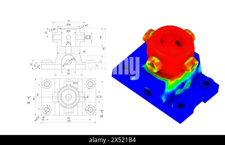 FEM-Analyse an mechanischen Metallverbindungen zur Berechnung von Widerstand, Spannung und Kräften vor dem Produktionsprozess Stockfoto