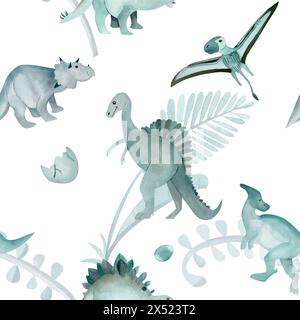 Einfarbiges, nahtloses Aquarellmuster mit Dinosauriern auf weißem Hintergrund, das triceratops, Spinosaurus, parasaurolophus und Pterodactyl kombiniert. Ideal Stockfoto