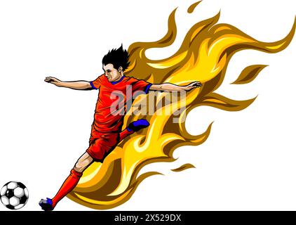 Fußballspieler Flame Kick-Flame ist ein Fußballsportler, der seinen Power-Kick verrichtet Stock Vektor