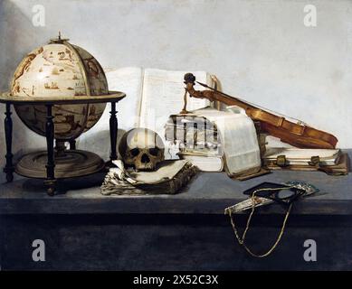 Vanitas Stillleben mit Büchern, einem Globus, einem Schädel, einer Violine und einem Fan. Jan Davidsz. De Heem. C1650. Stockfoto