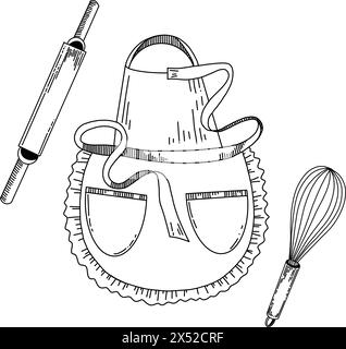 Vektorabbildung. Eine Schürze zum Kochen, eine Nudelnadel für Teig, ein Schneebesen zum Schlagen von Sahne und Teig. Alle Objekte werden von Hand im Vektor gezeichnet. Stock Vektor