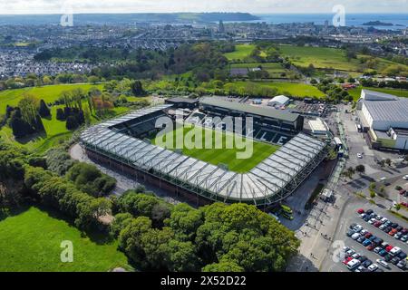 Allgemeine Luftaufnahme des Home Park Stadions, Heimstadion des englischen Fußballteams Plymouth Argyle in Plymouth in Devon, Großbritannien. Stockfoto