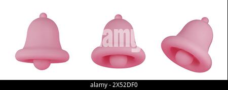 Klingelbenachrichtigungen. Set von Glocken-Symbol mit neuen Nachrichten Web-Chat rosa Farben. Realistisches 3D-Objekt. Isoliert auf weißem Hintergrund. Vektorabbildung Stock Vektor