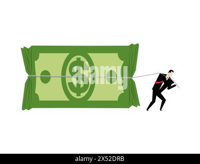 Geschäftsmann zieht Geld. Der Mann zieht Dollar. Gewinnbringendes Konzept. Geschäftsillustrationen für eine Zeitschrift. Stock Vektor