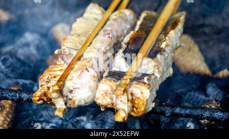 Backen und Grillen von mariniertem Fisch auf einem Grill (gegrillter Fisch). Fisch über Holzkohle gegrillt Stockfoto