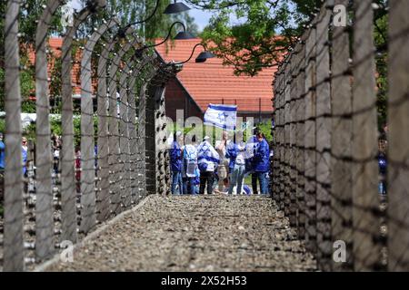 Oswiecim, Polen, 6. Mai 2024. Besucher gehen an einem Kabelzaun vorbei, wenn sie zum Marsch der Lebenden 2024 am Auschwitz Lagertor ankommen 'Arbeit macht dich frei' Yoav Kisch, Bildungsminister Israels (C) besucht Ausstellungen, während er zum Marsch der Lebenden am Auschwitz Lagertor eintrifft 'Arbeit macht dich frei'. 55 Holocaust-Überlebende nahmen Teil. Holocaust-Überlebende und 7. Oktober-Überlebende nehmen am Marsch der Lebenden zusammen mit einer Delegation unter anderem aus den Vereinigten Staaten, Kanada, Italien, Vereinigtes Königreich. Am Holocaust-Gedenktag im jüdischen Kalender (Yom HaShoah), Stockfoto