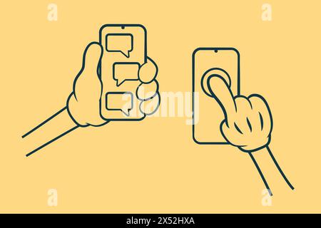 Handy in den Händen. Cartoon-Hände halten das Smartphone und kleben auf dem Touchscreen. Stock Vektor
