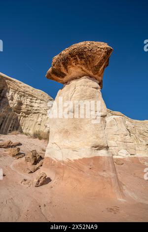 Weißer und roter Sandstein-Krötenhocker-Hoodoo in Kanab Utah, der vom blauen Himmel und einer weißen Mittelgebirgskette hervorgehoben wird. Stockfoto