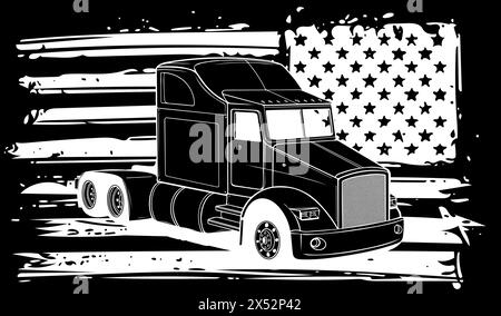 Weiße Silhouette eines Classic Trucks mit us-Flagge auf schwarzem Hintergrund Stock Vektor