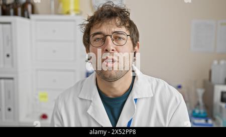 Porträt eines bärtigen jungen hispanischen Mannes mit Labormantel und Brille drinnen in einer medizinischen Klinik. Stockfoto