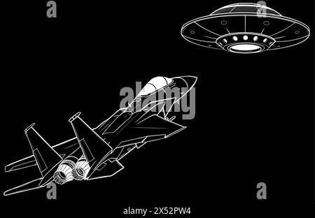 Weiße Silhouette von Ufokampf gegen Jet auf schwarzem Hintergrund Stock Vektor