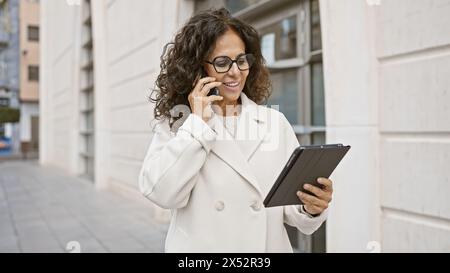 Hispanische Geschäftsfrau, die ein Tablet benutzt, während sie in einer städtischen Umgebung telefoniert. Stockfoto