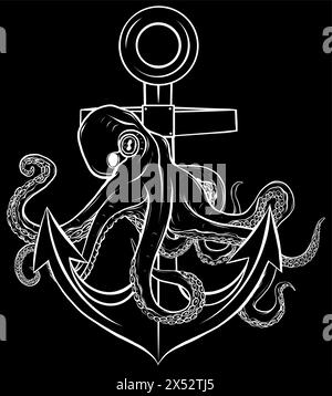 Weiße Silhouette des Oktopus um den Anker auf schwarzem Hintergrund Vektor-Illustration Design Stock Vektor