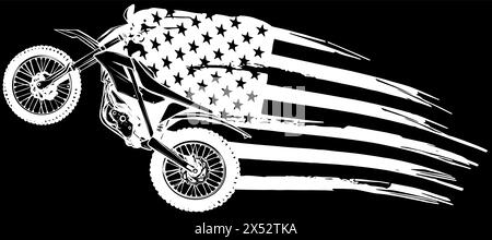 Weiße Silhouette des Motocross-Sports mit amerikanischer Flagge auf schwarzem Hintergrund - Illustrationsvektor Stock Vektor