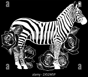 Weiße Silhouette des Zebras mit Rosen auf schwarzem Hintergrund Vektor-Illustration Design Stock Vektor