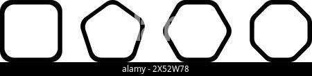 Set aus geometrischen Rahmen mit abgerundeten Ecken. Quadratische, fünfeckige, sechseckige und achteckige Formen isoliert auf weißem Hintergrund. Leere Textfelder, Etiketten oder Warnschilder. Vektorgrafik. Stock Vektor