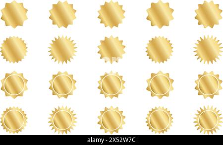Set aus goldenen runden Aufklebern mit gewellten Rändern. Glänzende goldene, kurvige Etiketten, Qualitätsabzeichen, Preisschilder, Stempel, Verkaufsformen isoliert auf weißem Hintergrund. Realistische Vektordarstellung. Stock Vektor