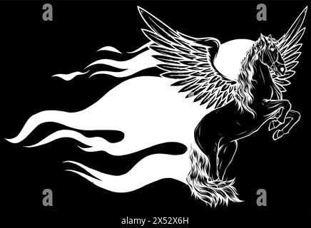Weiße Silhouette von Pegasus mit Flammen auf schwarzem Hintergrund Stock Vektor