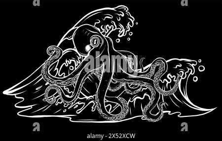 Weiße Silhouette eines Cartoon-Oktopus mit Meereswelle auf schwarzem Hintergrund Stock Vektor
