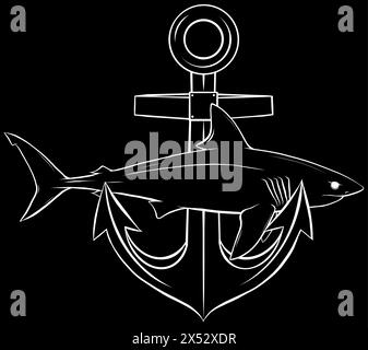 Weiße Silhouette eines Hais um Anker auf schwarzem Hintergrund Stock Vektor